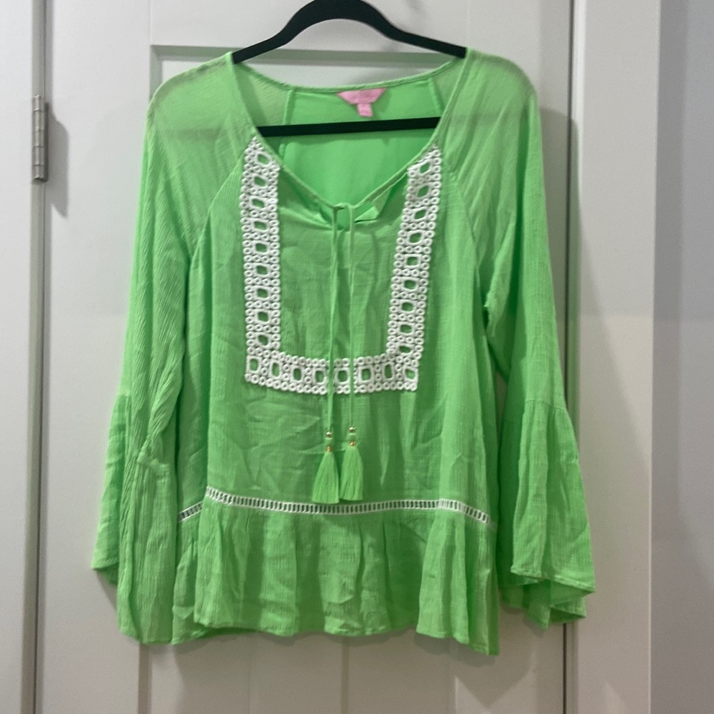 Lilly Pulitzer Amisa Mermaid Green Long Bell Sleeve Boho Peasant Blouse small